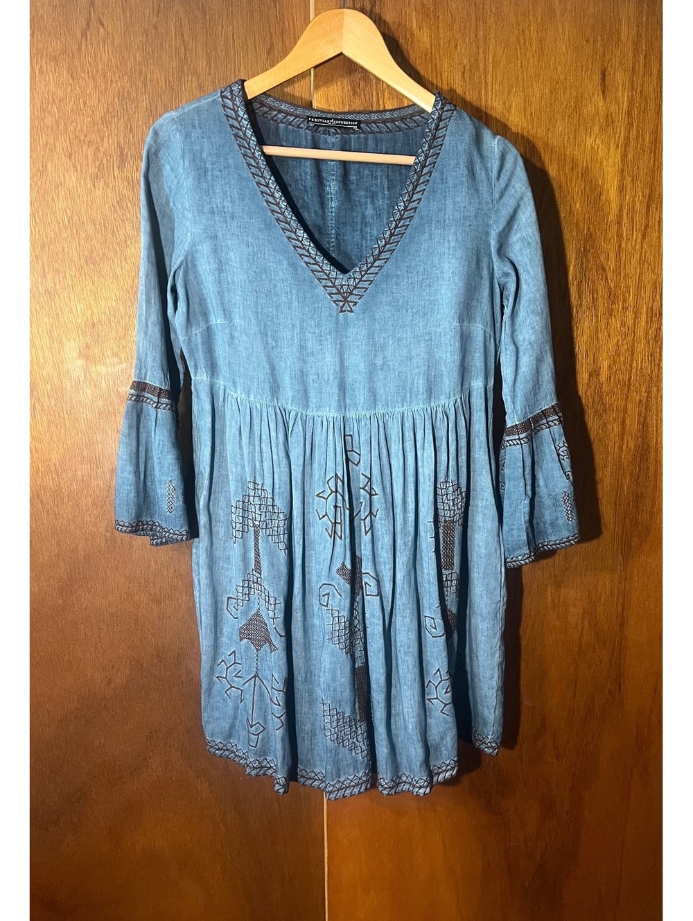 Peruvian Connection Blue Dress w Brown Embroidery Sz XS